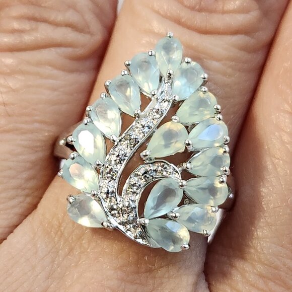 Estate Jewelry - Retired 925 Cluster Teardrop Blue Leaf Aquamarine & White Zircon Size 7 Ring
